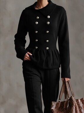 Black Casual Women's Double Button Ruffle Hem Pullover